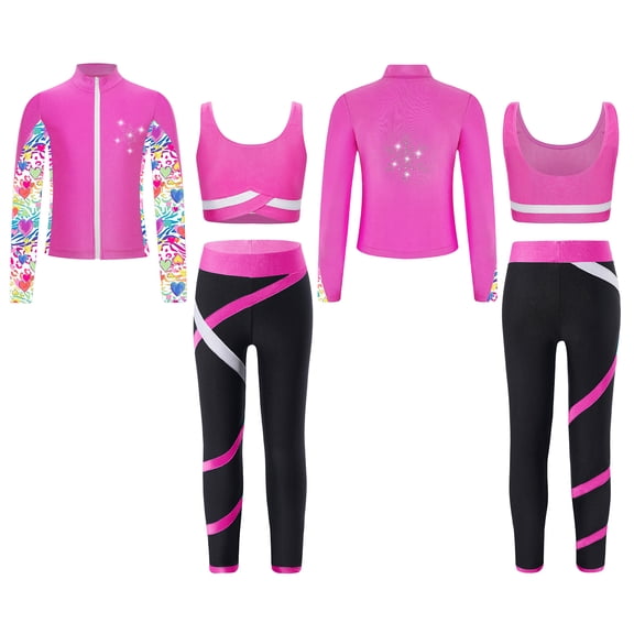 Raenseen Kids Girls 3Pcs Athletic Yoga Workout Sports Vest Bra Top Leggings Pants with Long Sleeve Hot Pink 12