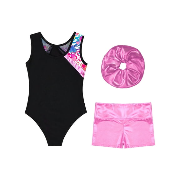 Raenseen Kids Girls 3Pcs Sleeveless Gymnastics Ballet Leotard with Shorts Headband Set Dance Workout Pink 10