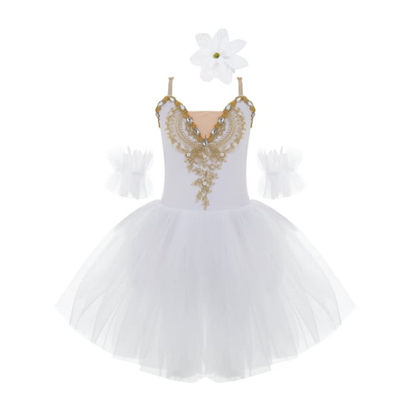 Raenseen Kids Girls Ballerina Swan Lake Outfit Ballet Leotard Tutu Dress with Ruffle Band and Hair Clip Set Dancewear White 3-4