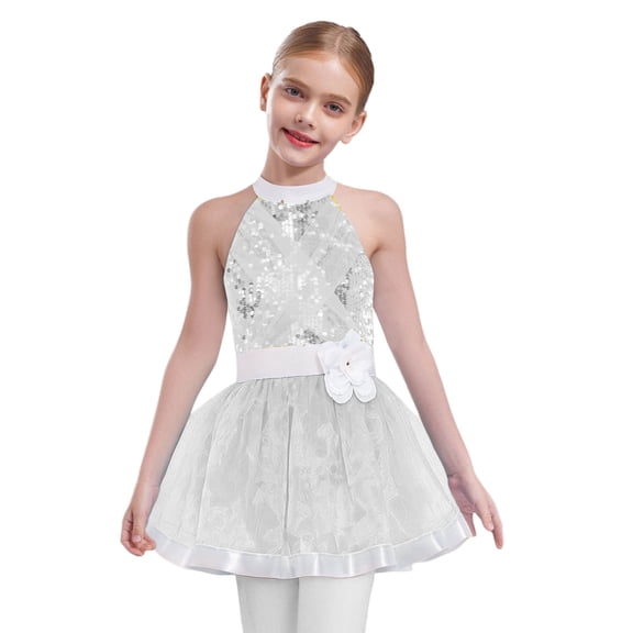 Raenseen Kids Girls Ballet Dance Tulle Tutu Dress Sequins Cutout Back Cha-cha Jazz Dancewear White 6