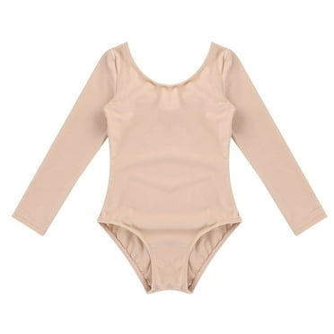 Raenseen Kids Girls Ballet Leotard Gymnastics Dance Practice Solid Color Crewneck Long Sleeve Apricot 3