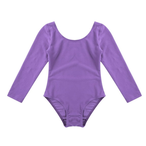 Raenseen Kids Girls Ballet Leotard Gymnastics Dance Practice Solid Color Crewneck Long Sleeve Lavender 6