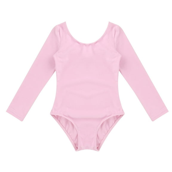 Raenseen Kids Girls Ballet Leotard Gymnastics Dance Practice Solid Color Crewneck Long Sleeve Pink 3