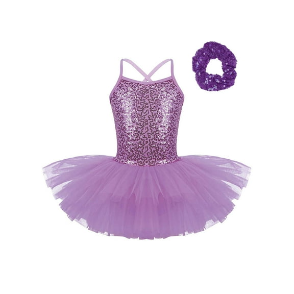 Raenseen Kids Girls Ballet Tutu Dress Dance Costume Sparkle Sequin Camisole Gymnastics Leotard Dress Purple XXL