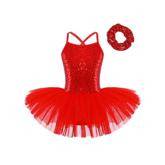 Raenseen Kids Girls Ballet Tutu Dress Dance Costume Sparkle Sequin Camisole Gymnastics Leotard Dress Red XXL