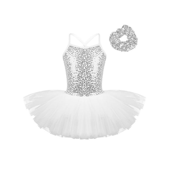 Raenseen Kids Girls Ballet Tutu Dress Dance Costume Sparkle Sequin Camisole Gymnastics Leotard Dress White 4XL