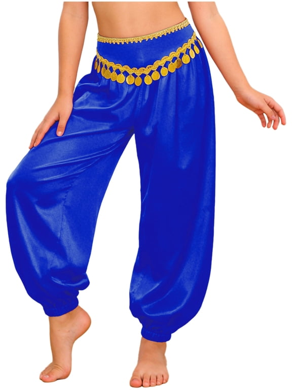 Kids Girls Belly Dance Pants Braid Trim Sequin Tassels Loose Bloomers Pants Blue 6