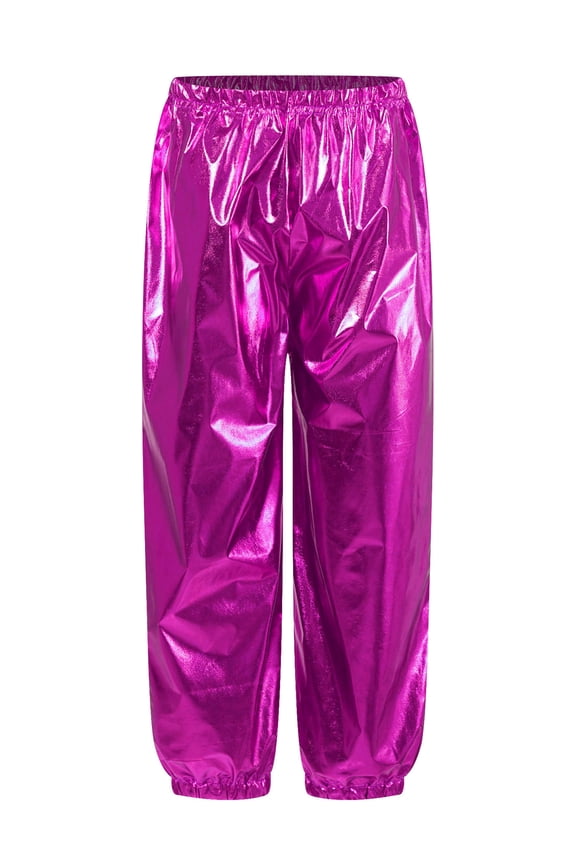 Kids Girls Boys Metallic Dance Pants Hip Hop Jazz Street Dance Trousers Athletic Harem Sweatpants Hot Pink 120