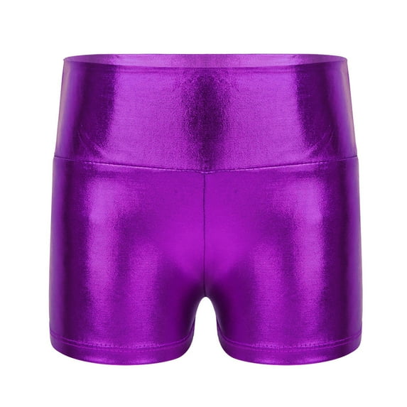Raenseen Kids Girls Casual High Waist Shiny Metallic Sports Shorts Gymnastic Workout Activewear Purple 4