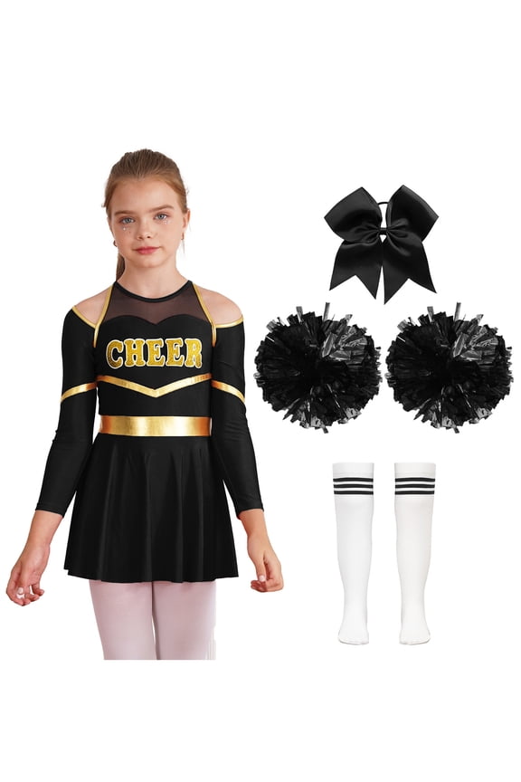 Kids Girls Cheer Leader Outfits Long Sleeve Cheerleading Uniform Dance Dress with Pom Poms Stocking Hair Tie A White&Black 6