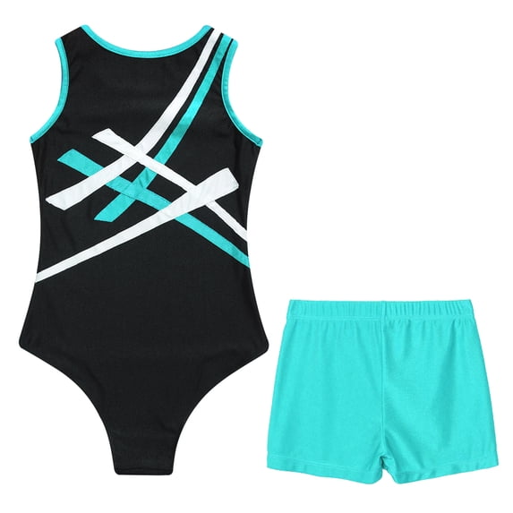 Raenseen Kids Girls Contrast Color Patchwork Sport Suit Sleeveless Round Neck Gymnastics Leotard with Blue Green 16