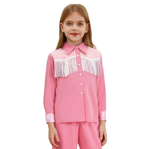 Raenseen Kids Girls Cowgirl Western Shirt Long Sleeves Lapel Top with Sequins Fringe Pink 6