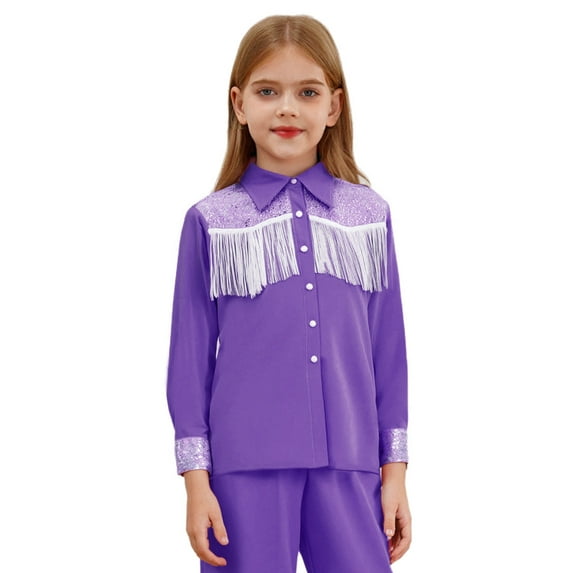 Raenseen Kids Girls Cowgirl Western Shirt Long Sleeves Lapel Top with Sequins Fringe Purple 16