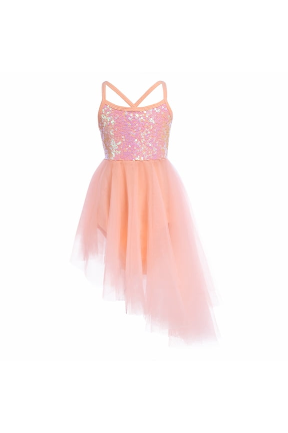 Kids Girls Dance Dress Gymnastics Leotard Sleeveless Sequins Tulle Ballet Lyrical Dancewear Orange S