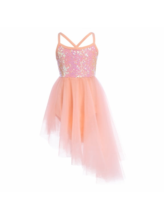Kids Girls Dance Dress Gymnastics Leotard Sleeveless Sequins Tulle Ballet Lyrical Dancewear Orange XL