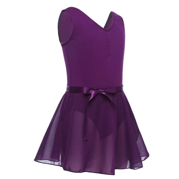Raenseen Kids Girls Dance Outfit Sleeveless Ruched Leotard with Ruffled Chiffon Skirt Set Ballerina Dark Purple S