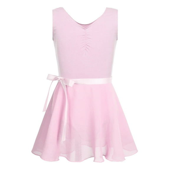 Raenseen Kids Girls Dance Outfit Sleeveless Ruched Leotard with Ruffled Chiffon Skirt Set Ballerina Pink L