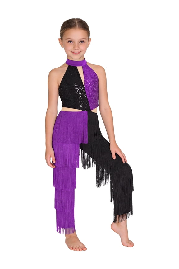 Kids Girls Disco Latin Jazz Dance Jumpsuit Halter Sleeveless Shiny Sequin Tassel Bodysuit Purple 6