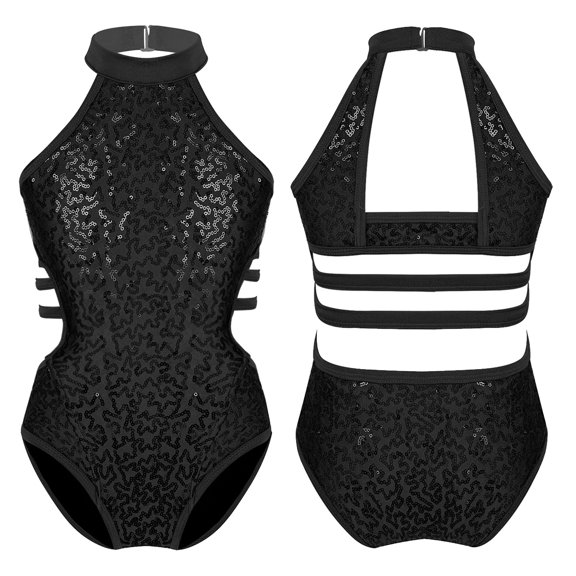 Raenseen Kids Girls' Fashion Sequins Sleeveless Halter Neck Gymnastics Leotard Fancy Cutouts Dance Black 10