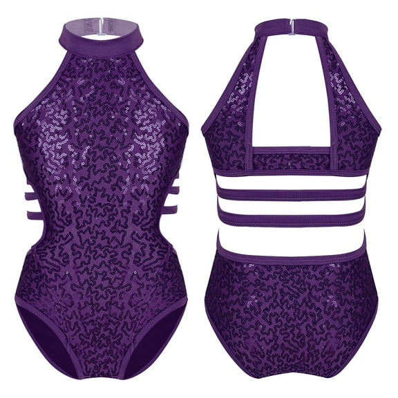 Raenseen Kids Girls' Fashion Sequins Sleeveless Halter Neck Gymnastics Leotard Fancy Cutouts Dance Purple 6