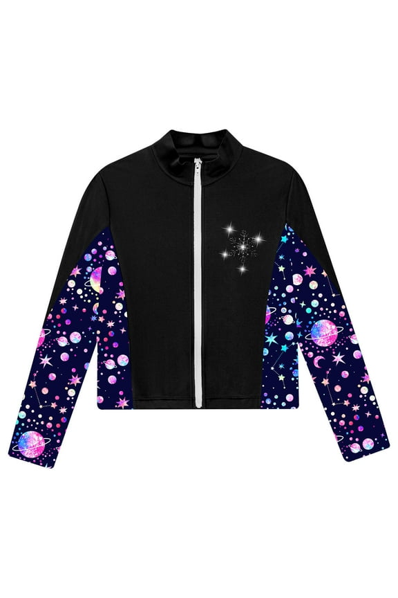 Kids Girls Figure Ice Skating Jacket Zipper Long Sleeve Sparkly Rhinestone Coat Gymnastic Black 4