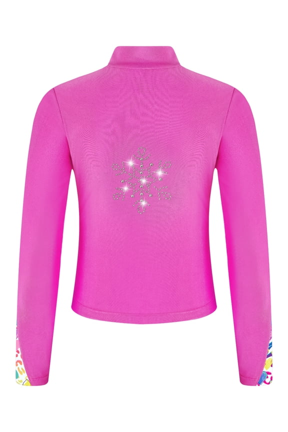 Kids Girls Figure Ice Skating Jacket Zipper Long Sleeve Sparkly Rhinestone Coat Gymnastic Hot Pink 4