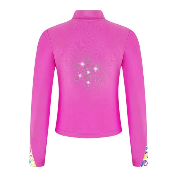 Raenseen Kids Girls Figure Ice Skating Jacket Zipper Long Sleeve Sparkly Rhinestone Coat Gymnastic Hot Pink 8