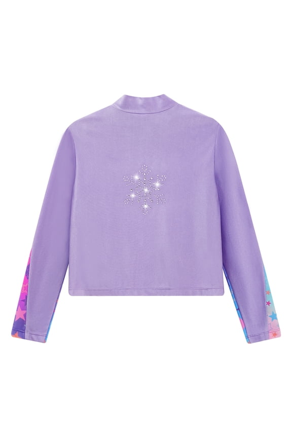 Kids Girls Figure Ice Skating Jacket Zipper Long Sleeve Sparkly Rhinestone Coat Gymnastic Purple 4