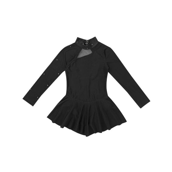 Raenseen Kids Girls Figure Ice Skating Leotard Dress Long Sleeve Gymnastics Ballroom Dancing Outfit Black 14