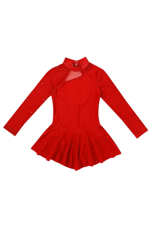 Kids Girls Figure Ice Skating Leotard Dress Long Sleeve Gymnastics Ballroom Dancing Outfit Red 10