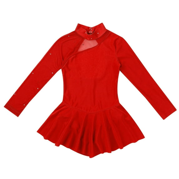 Raenseen Kids Girls Figure Ice Skating Leotard Dress Long Sleeve Gymnastics Ballroom Dancing Outfit Red 8