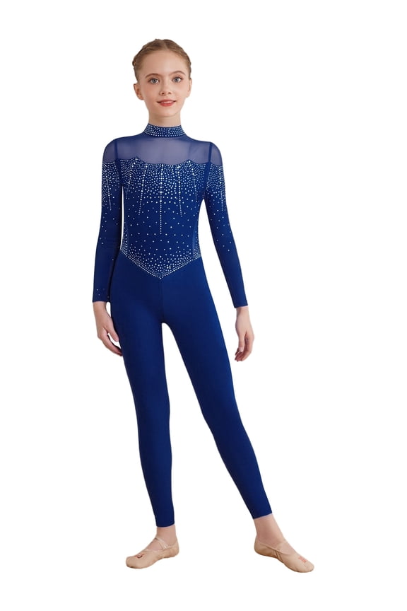 Kids Girls Full Body Unitard Shiny Rhinestone Ballet Dance Gymnastics Leotard Long Sleeve Stretch Catsuit Navy Blue 6