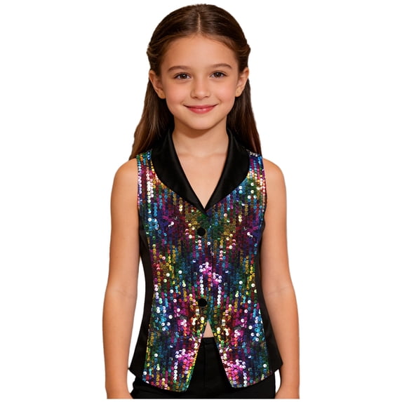 Raenseen Kids Girls Glittery Sequin Satin Waistcoat Lapel V Neck Pressing Button Contrast Color Vest Tank Top Colorful 12