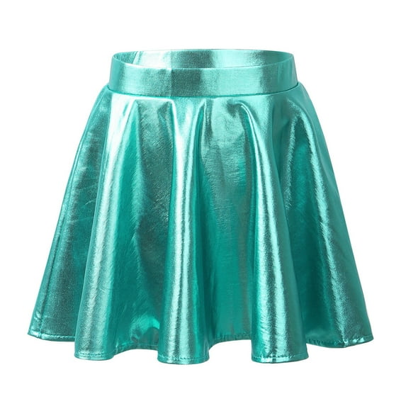 Raenseen Kids Girls Glossy Metallic Flared Pleated A-Line Mini Skirt Skater Skort Gymnastic Dance Lake Green 12