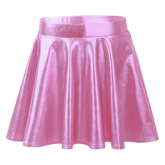 Raenseen Kids Girls Glossy Metallic Flared Pleated A-Line Mini Skirt Skater Skort Gymnastic Dance Pink 14