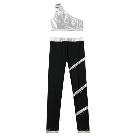 Raenseen Kids Girls Gymnastics Outfit One Shoulder Tank Shiny Crop Tops with Yoga Dance Pants Silver 6