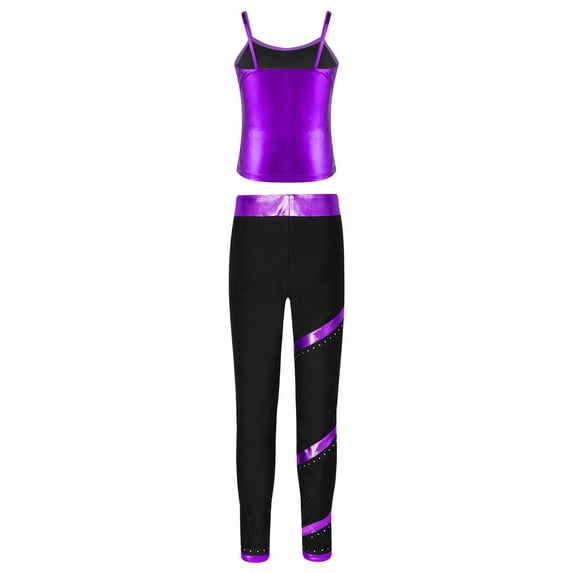 Raenseen Kids Girls Hip Hop Dance Outfit Girls Sparkly Camisole Tank with Shiny Rhinestones Pants Purple 6