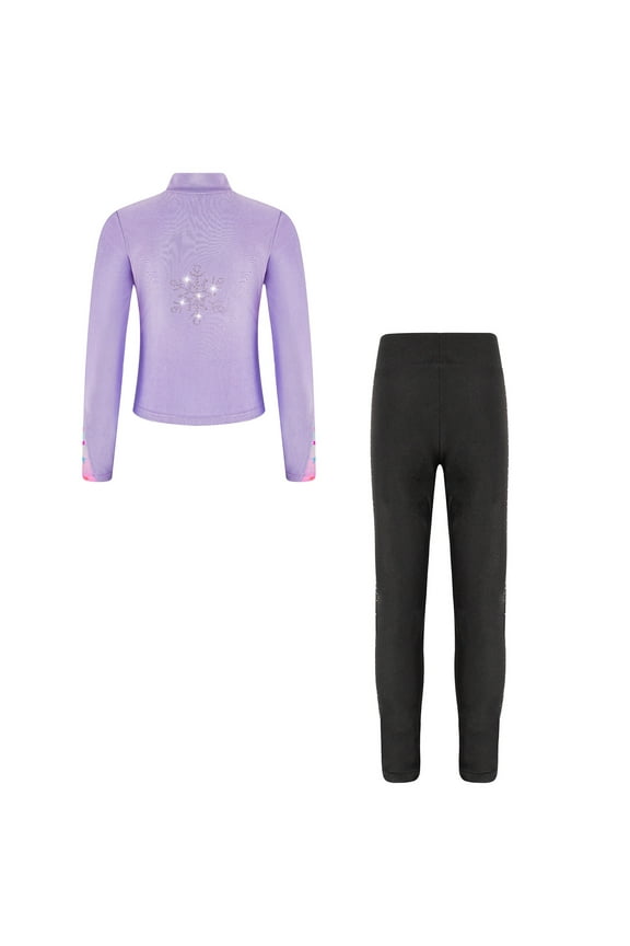 Kids Girls Ice Skating Outfits Long Sleeve Zipper Skating Jacket with Shiny Leggings Purple 16