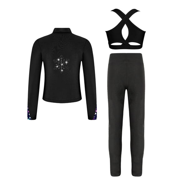 Raenseen Kids Girls Ice Skating Suit Long Sleeve Jacket with Tank Top + Pant Training Clothes Set Black 16