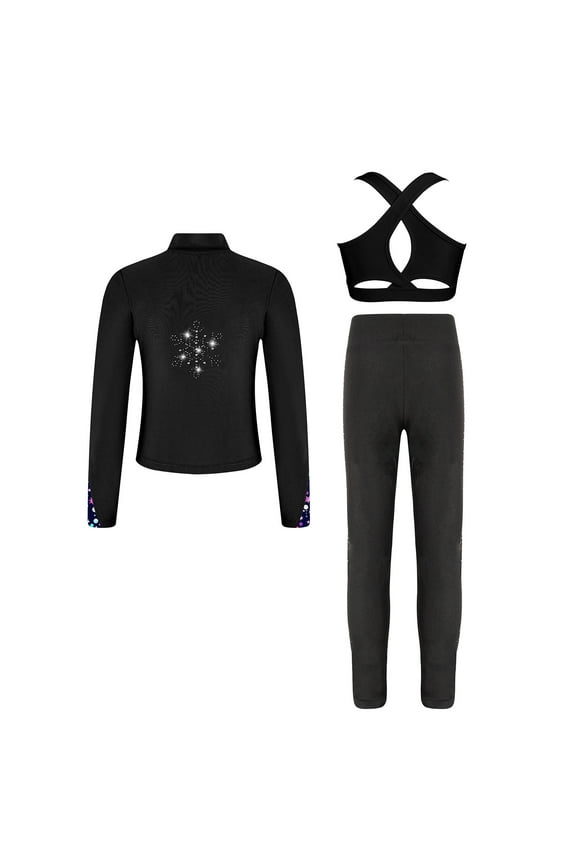 Kids Girls Ice Skating Suit Long Sleeve Jacket with Tank Top + Pant Training Clothes Set Black 6