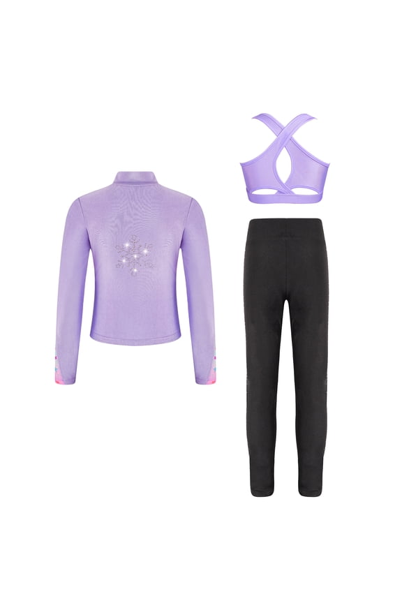 Kids Girls Ice Skating Suit Long Sleeve Jacket with Tank Top + Pant Training Clothes Set Purple 10
