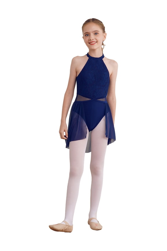 Kids Girls Lace Sleeveless Lyrical Ballet Dance Dress Skirt Leotard Latin Jazz Contemporary Dancewear Navy Blue 6
