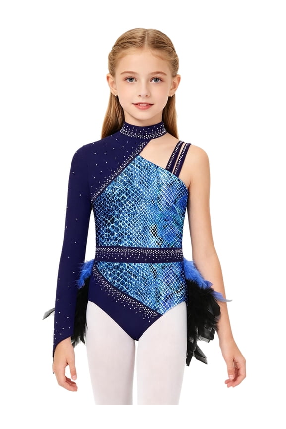 Kids Girls Latin Jazz Dance Dress Shiny Rhinestones Printed Asymmetrical Ballet Tutu Feather Skirted Leotard Blue 6
