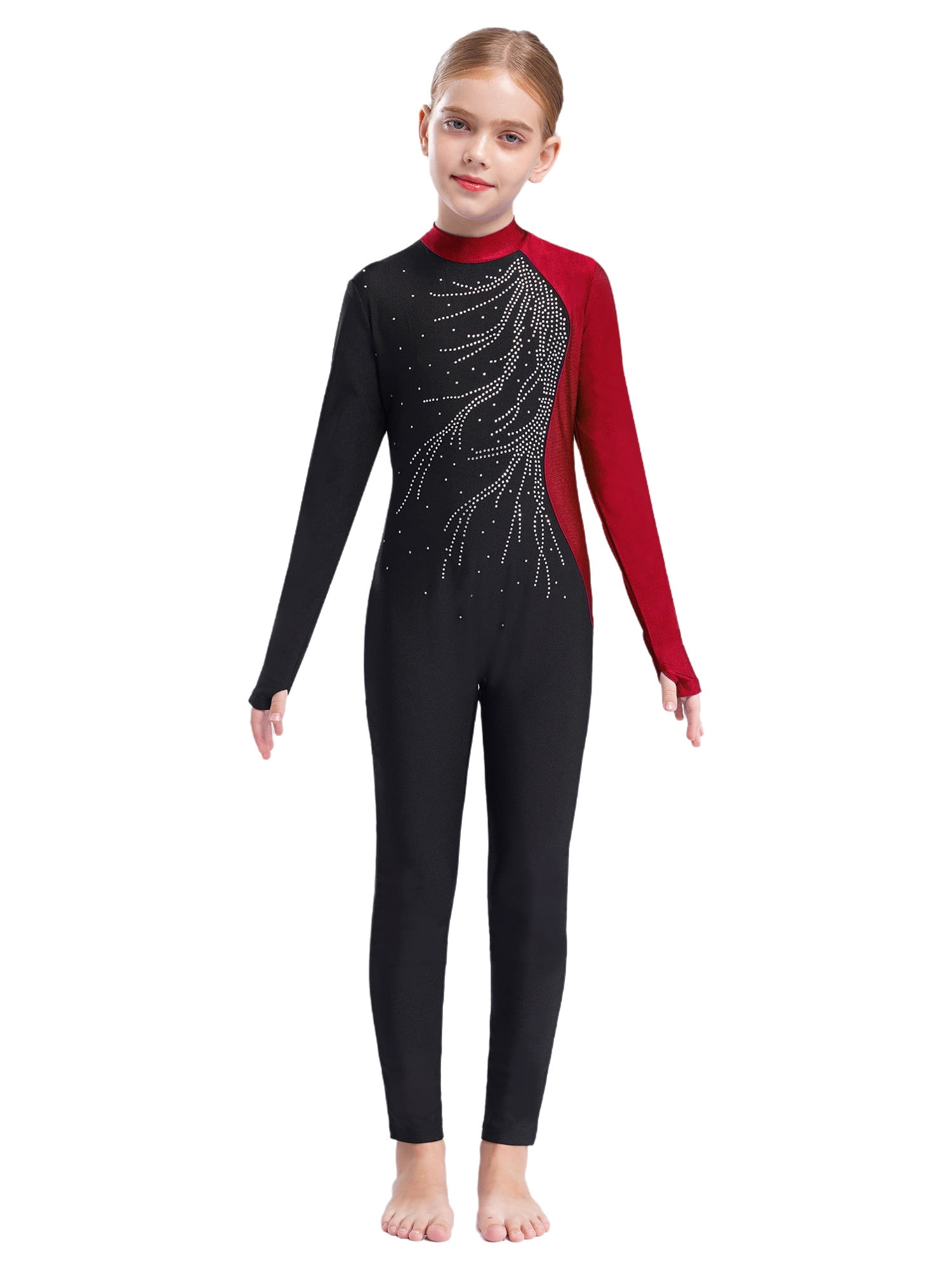 Raenseen Kids Girls Long Sleeve High Neck Shiny Rhinestone Full Body ...