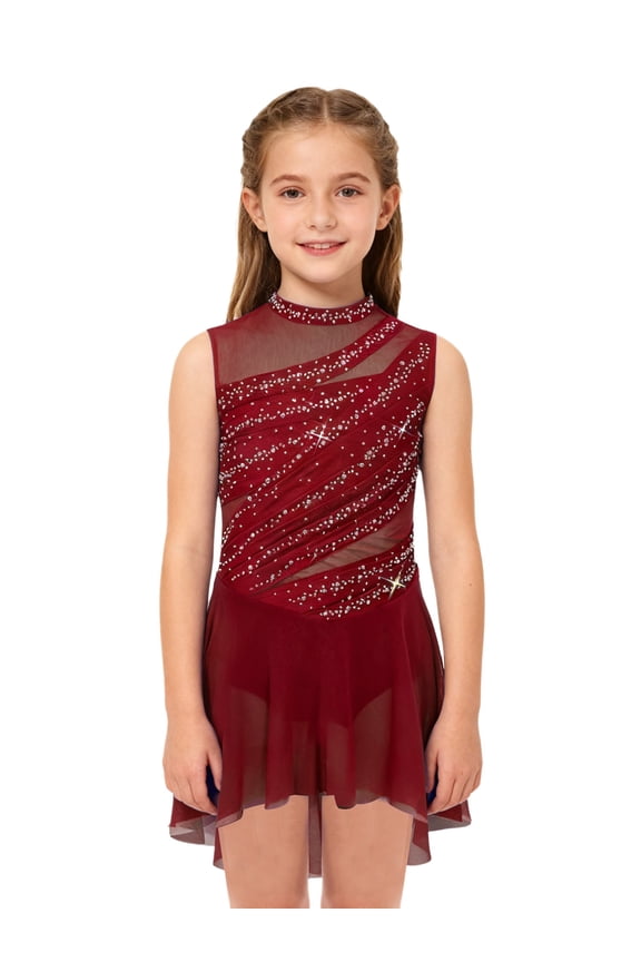 Kids Girls Lyrical Dance Dress High Low Mesh Tutu Sparkly Gymnastics Leotard Figure Skating Dress Burgundy 6