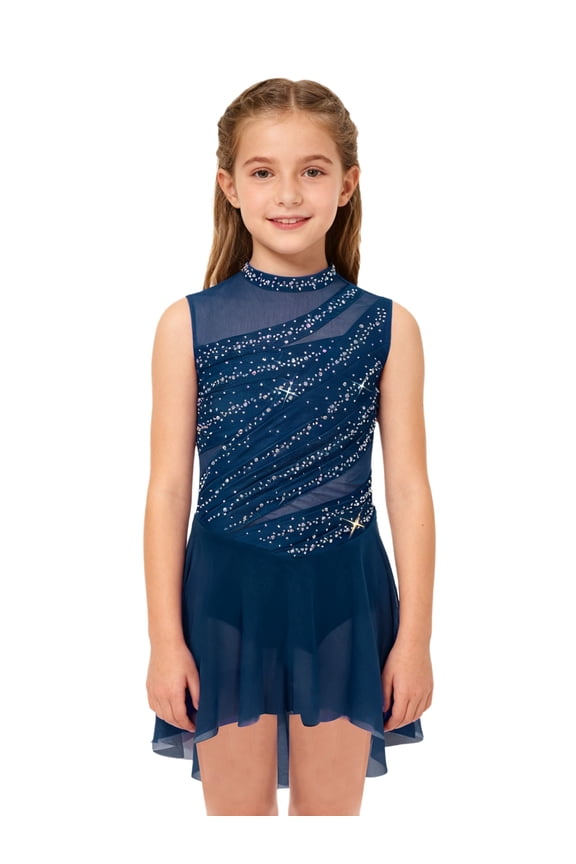 Kids Girls Lyrical Dance Dress High Low Mesh Tutu Sparkly Gymnastics Leotard Figure Skating Dress Navy Blue 6