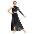 thumbnail image 1 of Raenseen Kids Girls Modern Lyrical Dance Dress One-shoulder Applique Mesh Split Dresses Black 6, 1 of 5