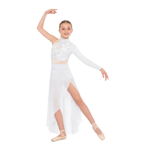 Raenseen Kids Girls Modern Lyrical Dance Dress One-shoulder Applique Mesh Split Dresses Ivory 10