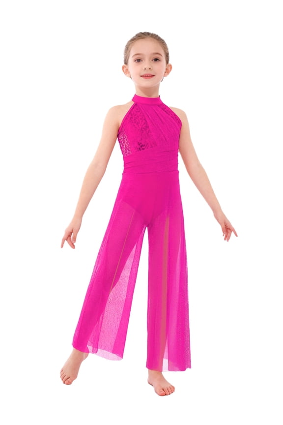 Kids Girls Modern Lyrical Dance Jumpsuit Shiny Sequin Shimmery Mesh Split Wide-Leg Bodysuit Hot Pink 6