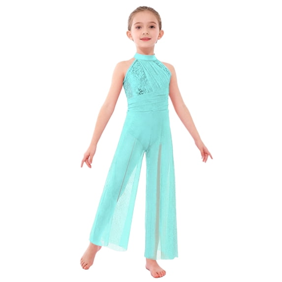 Raenseen Kids Girls Modern Lyrical Dance Jumpsuit Shiny Sequin Shimmery Mesh Split Wide-Leg Bodysuit Light Green 8